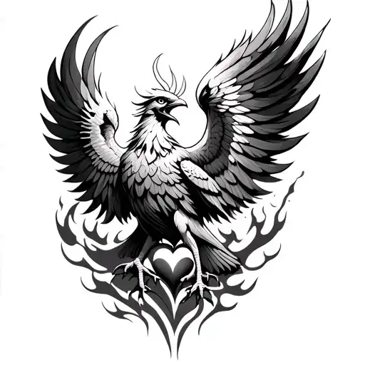 Intricate tattoo design of a majestic phoenix with outstretched wings. The phoenix's dynamic flames subtly form a heart  tattoo design idea