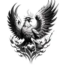 Intricate tattoo design of a majestic phoenix with outstretched wings. The phoenix's dynamic flames subtly form a heart  tattoo design idea