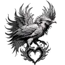 Intricate tattoo design of a majestic phoenix with outstretched wings. The phoenix's dynamic flames subtly form a heart  tattoo design idea