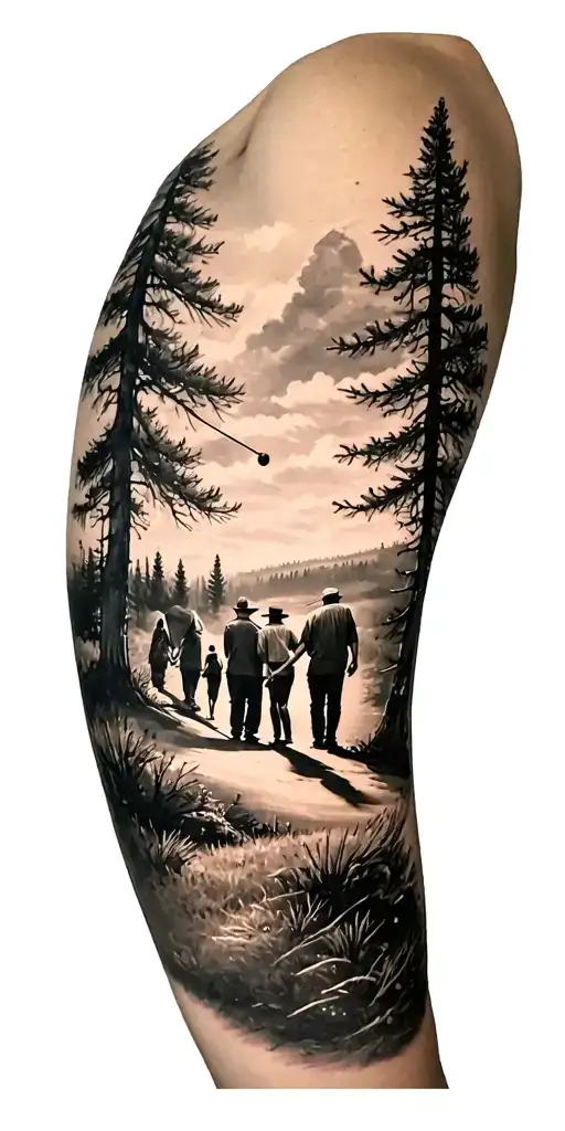 pine forest scene and family on golf course and ansel adams and clock tattoo design idea