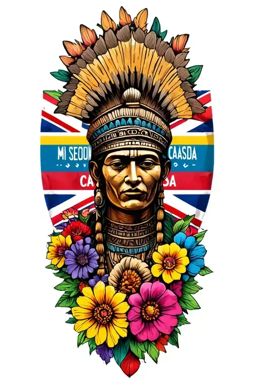 "Mi segunda casa" aztec statue, colourful flowers, colombia flag and union jack flag as backdrop tattoo design idea