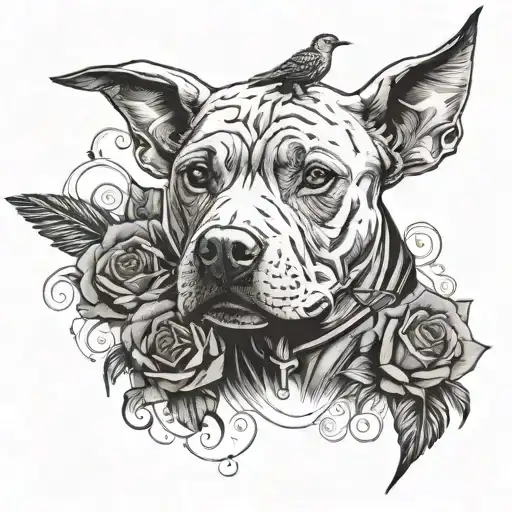 A pit bull wearing a leather jacket playing a guitar, with Gothic roses and bird feathers in the background tattoo design idea