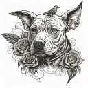 A pit bull wearing a leather jacket playing a guitar, with Gothic roses and bird feathers in the background tattoo design idea