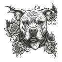A pit bull wearing a leather jacket playing a guitar, with Gothic roses and bird feathers in the background tattoo design idea