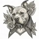 A pit bull wearing a leather jacket playing a guitar, with Gothic roses and bird feathers in the background tattoo design idea