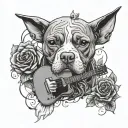 A pit bull wearing a leather jacket playing a guitar, with Gothic roses and bird feathers in the background tattoo design idea