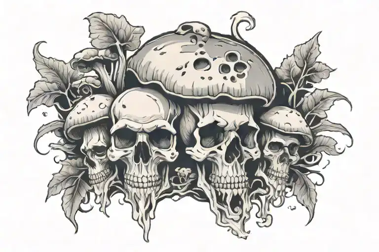 simple rotting mushrooms with a skull surrounded tattoo design idea