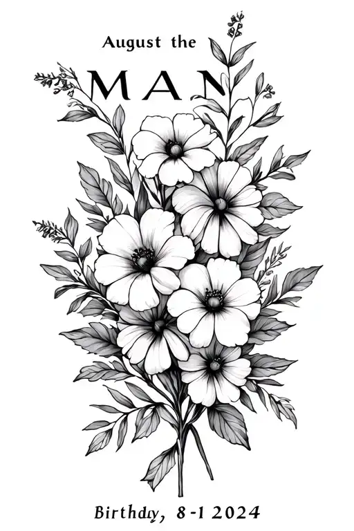 august birth month flowers with the name Lyanni and the birthday 8-19-2024 in Roman numerals tattoo design idea