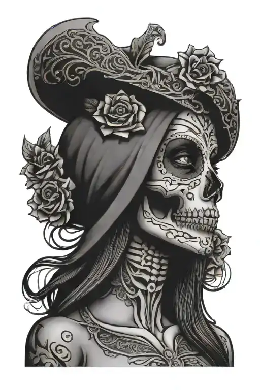 Santa muerte skull face woman face hybrid tattoo design idea