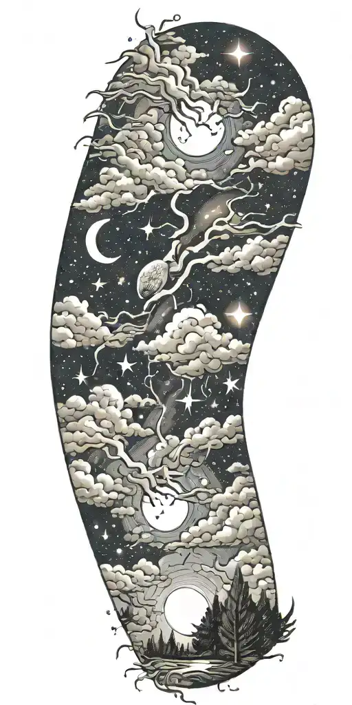 night sky filled with constellations moon thunderstorm lightning bolts  tattoo design idea