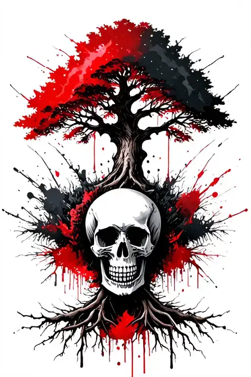 Skeleton skull and tree with roots, travel, son and two daughters and a companion tattoo design idea