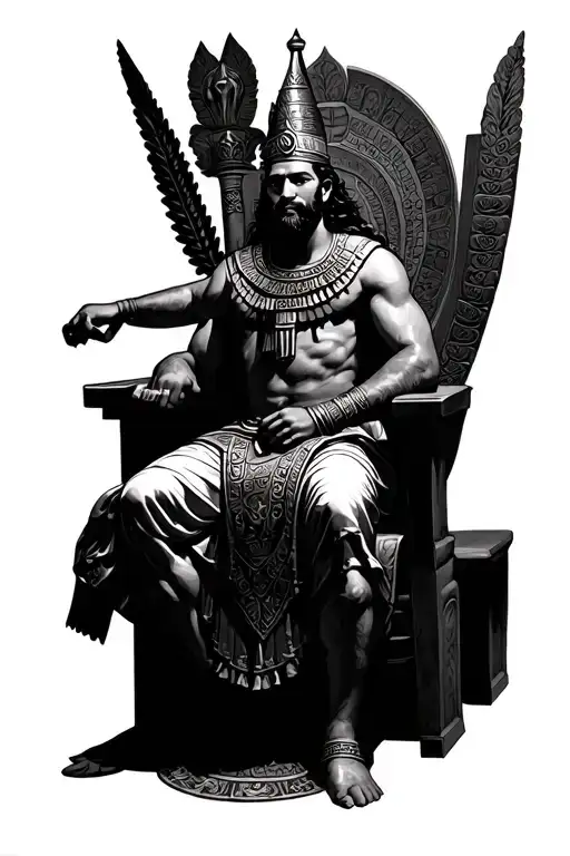 assyrian king sitting on a throne tattoo design idea