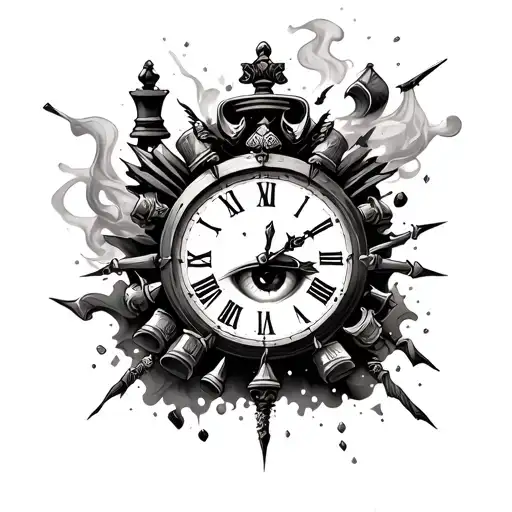 Samurai, broken clock, chess pieces, smoke, eye tattoo design idea