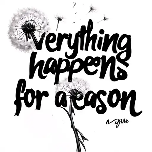 everything happens for a reason in script with a dandelion coming out of the last word and going over the top  tattoo design idea