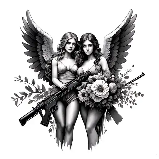 Make me a two -angels design, one with an assault rifle and another with a bouquet of flowers tattoo design idea