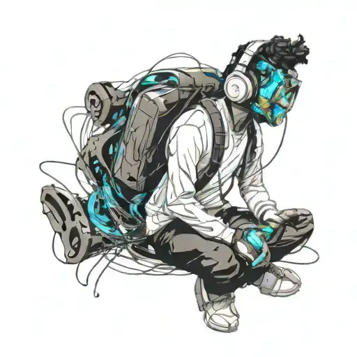 A traveler sitting cross-legged, floating in the infinite space of his mind, wearing a modern headset with dark metallic colors. His body is surrounded by a luminous aura in shades of electric. Pulsating waves of energy emanate from the headset, creating abstract and fluid shapes around him, like visual echoes of the music he is listening to. In the background, mental landscapes take shape: a sea of stars, suspended mountains, and glowing fragments of memories floating in the air. The atmosphere is futuristic, immersive, and introspective, evoking an inner journey through music and thoughts tattoo design idea