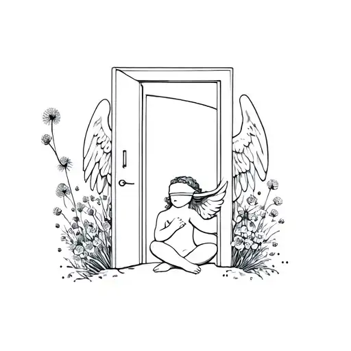 blindfolded cherub angel sitting in front of a door with wildflowers and dandelions coming from the inside tattoo design idea