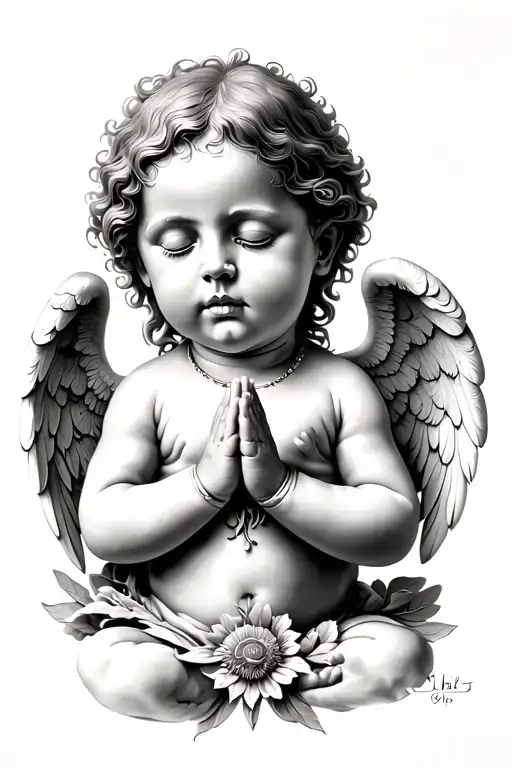baby angel praying  and gods face underneath tattoo design idea
