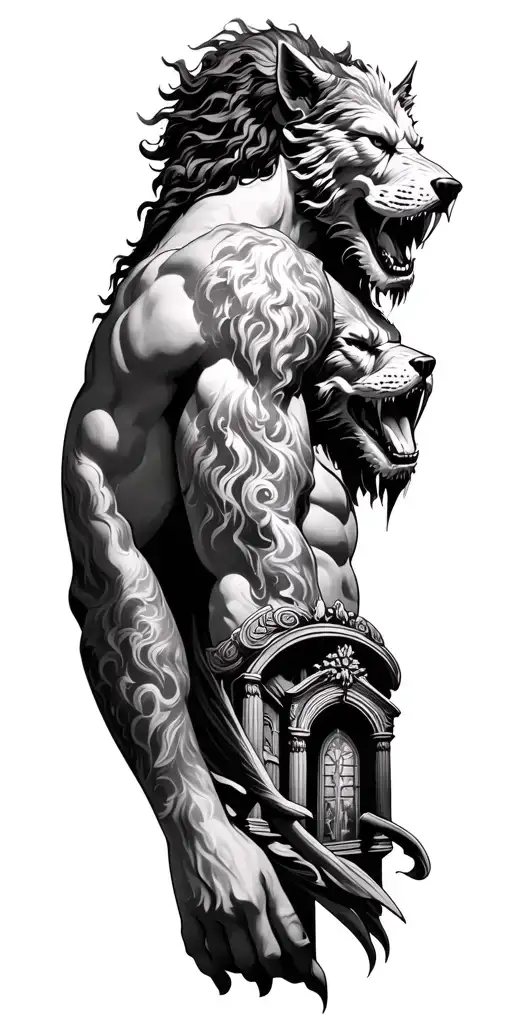 Greek mythology right arm sleeve tattoo featuring Cerberus, hades and gates to underworld  tattoo design idea