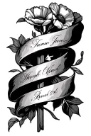 cross wrapped banner with dates and signature with poppy flowers  tattoo design idea