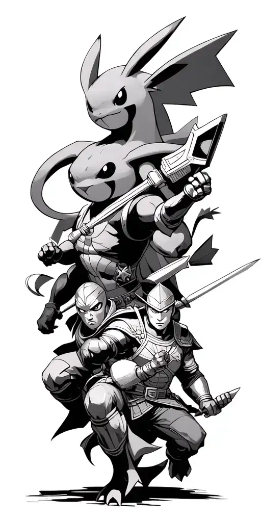 mix of Pokemon, superhero and historical warriors in a battle scene tattoo design idea