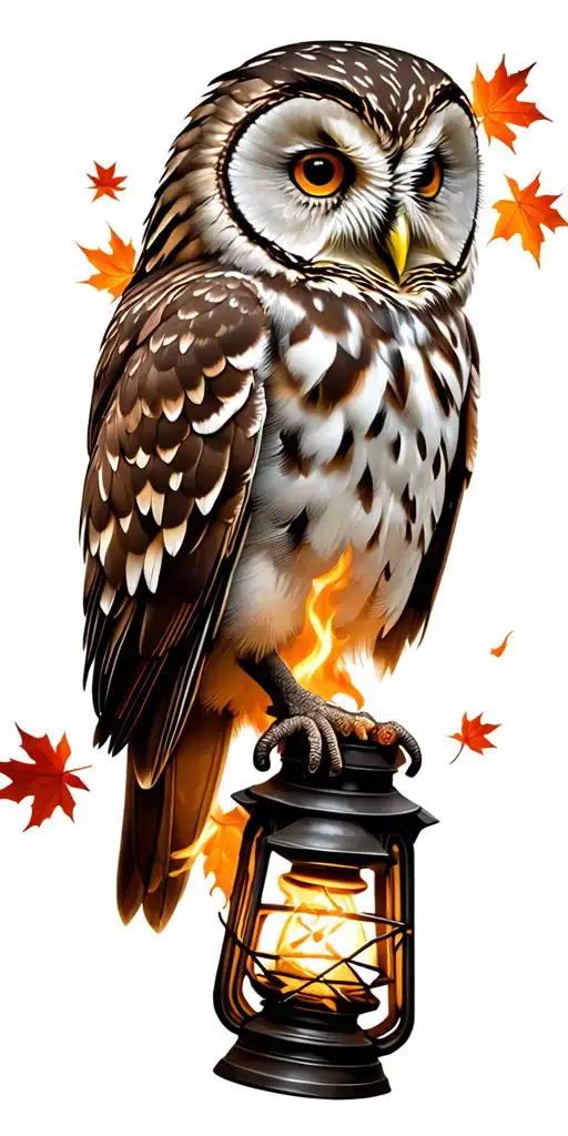 barred owl surrounded by maple leaves flying with broken burning lantern tattoo design idea