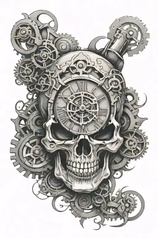 skull clock gear tattoo design idea