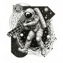 A spaceman floating in space surrounded by intricate sacred geometry patterns tattoo design idea