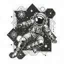 A spaceman floating in space surrounded by intricate sacred geometry patterns tattoo design idea
