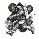 A spaceman floating in space surrounded by intricate sacred geometry patterns tattoo design idea