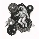 A spaceman floating in space surrounded by intricate sacred geometry patterns tattoo design idea