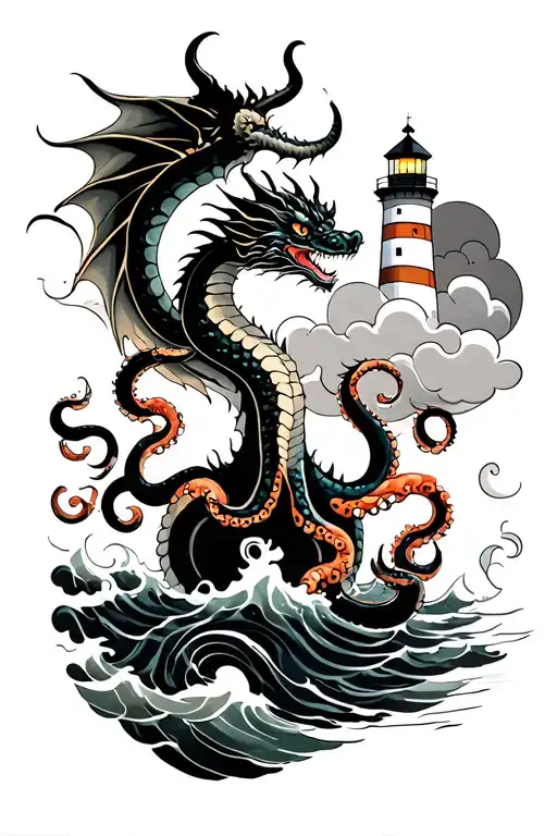 octopus dragon ocean shipwreck clouds lighthouse  tattoo design idea