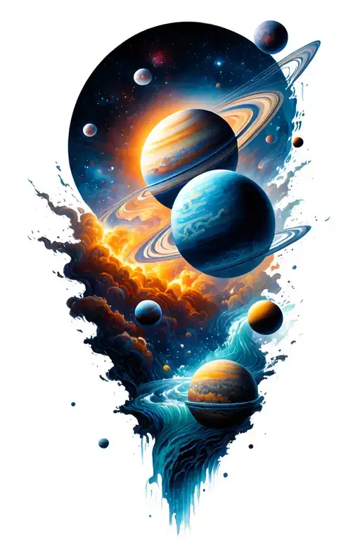 a universe with alot of planets flowing down a nebula, the planets are inside the river tattoo design idea