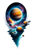 a universe with alot of planets flowing down a nebula, the planets are inside the river tattoo design idea