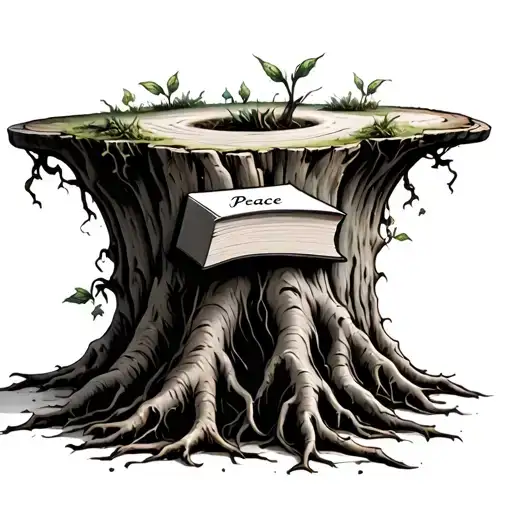 A tree stump with with new growth. The roots are growing from at least one book with the word "Peace" on the spine.  tattoo design idea