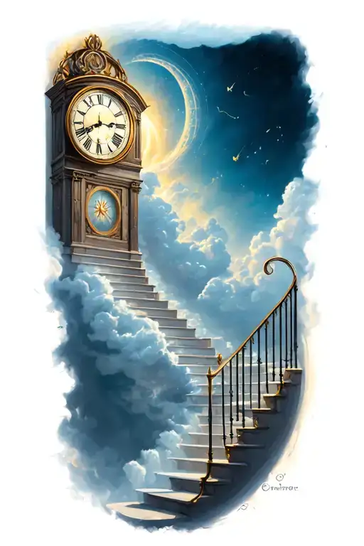 clock and stairs going into heaven tattoo design idea