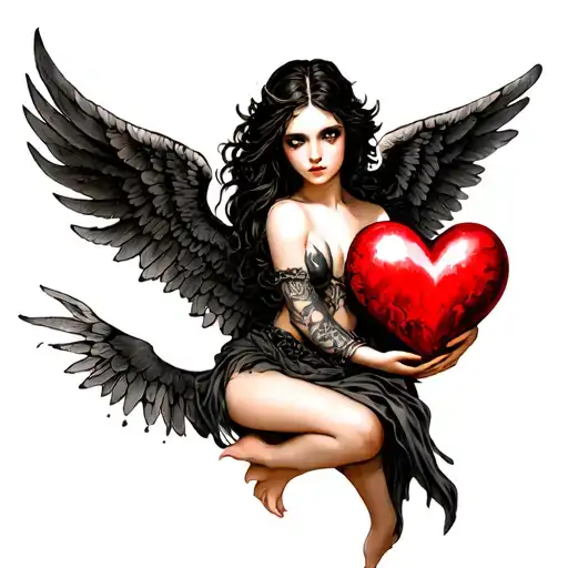 sexy evil angel holding heart tattoo design idea