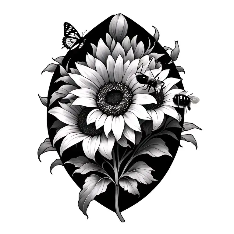 sunflower & lily with bumblebee &  butterfly tattoo design idea