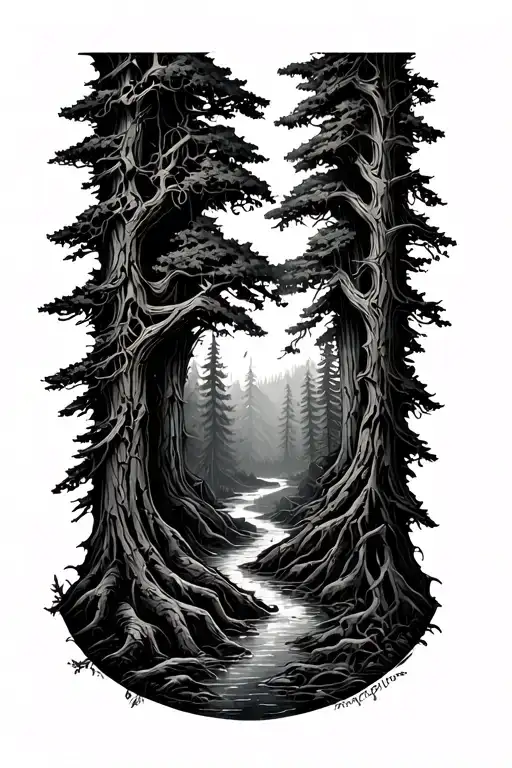 bio mechanical forest landscape symbolizing strength and resilience tattoo design idea