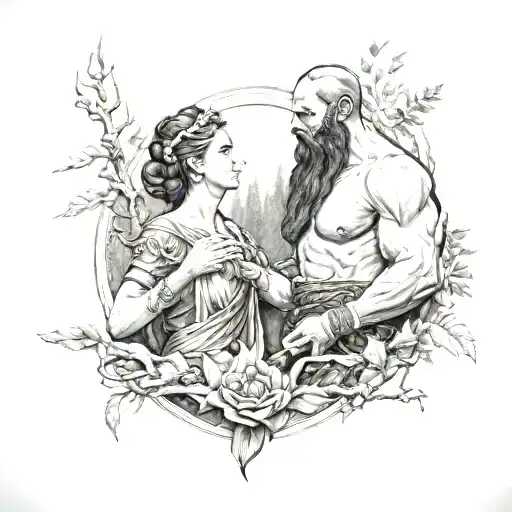 the god of war Mars holding the hand of the forest goddess Sylvia tattoo design idea