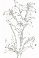 draw a bouquet outline with a carnation, snowdrop, daffodil, two lily of the valleys, hawthorn, honeysuckle, gladiolus,  tattoo design idea