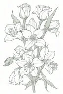 draw a bouquet outline with a carnation, snowdrop, daffodil, two lily of the valleys, hawthorn, honeysuckle, gladiolus,  tattoo design idea