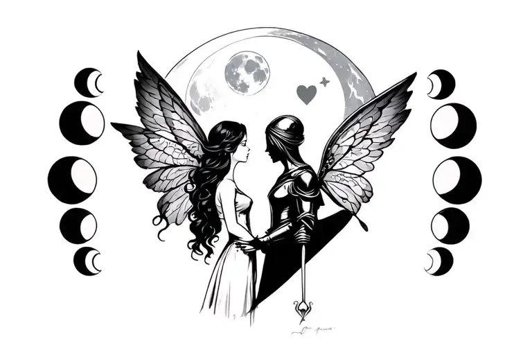 fairy woman in love with knight angel in front of moon phases tattoo design idea