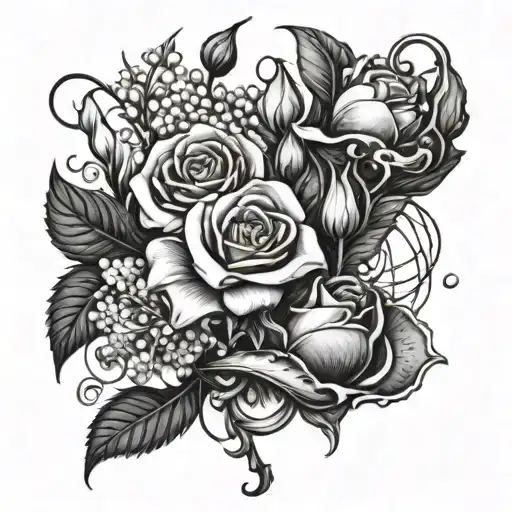 A surreal composition of a rose and lily of the valley intertwined, symbolizing the unity of love and purity tattoo design idea