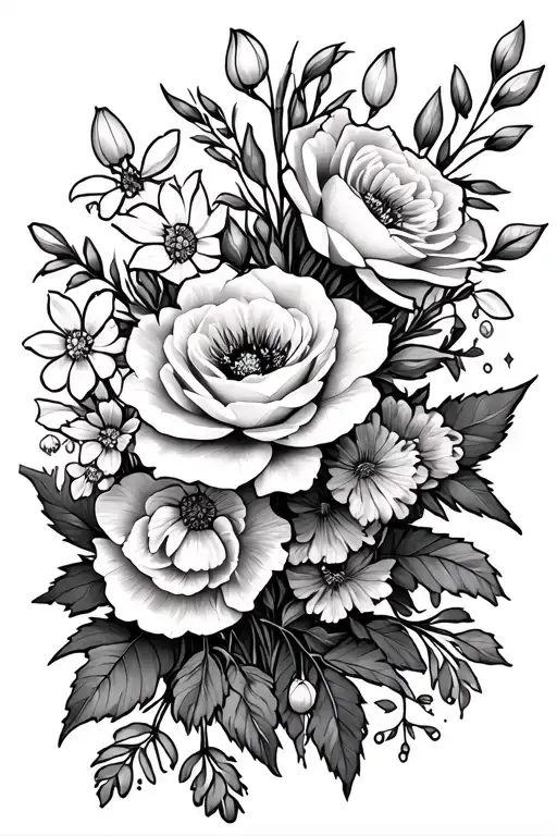 arrangement of carnations, snowdrops, roses, honeysuckles, water lily, larkspur, gladiator, poppy, holly, and narcissus tattoo design idea