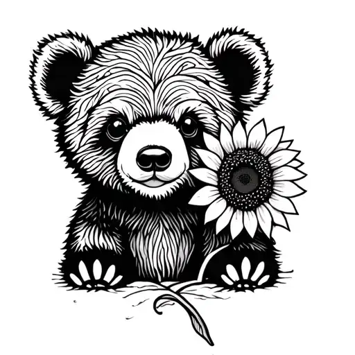 baby bear with sunflower tattoo design idea