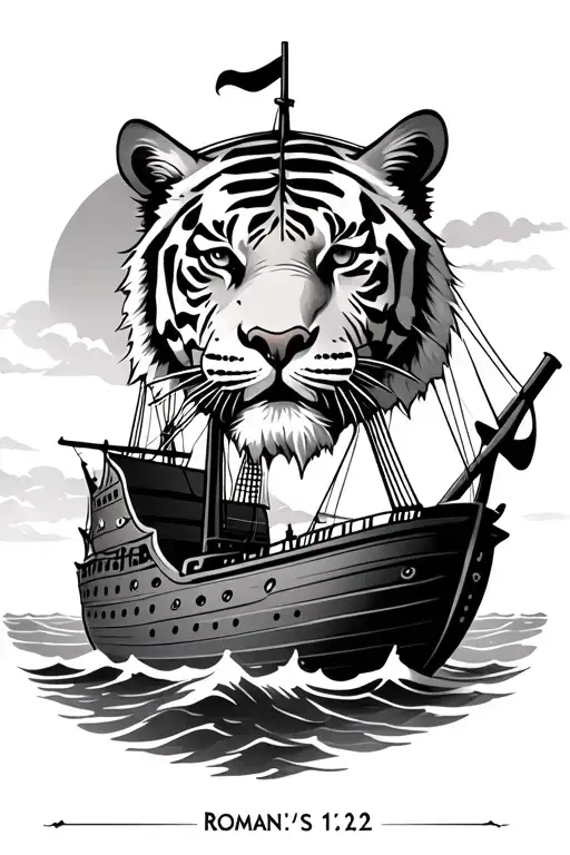 Japanese tiger head, pirate ship sailing, Roman's 12:2 inscription, tattoo design idea