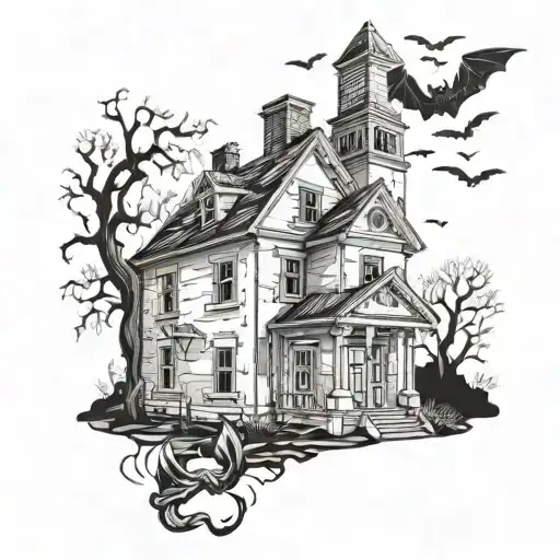 A haunted schoolhouse with ghostly figures and bats flying around tattoo design idea