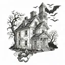 A haunted schoolhouse with ghostly figures and bats flying around tattoo design idea