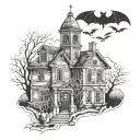 A haunted schoolhouse with ghostly figures and bats flying around tattoo design idea
